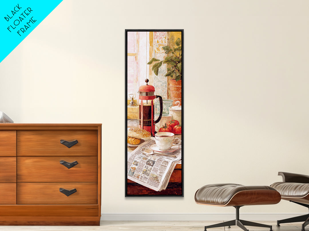 French Press and Morning Newspaper Without Readable Framed Canvas Print, Coffee Shop Art, Modern Decor, Cafe Decor, Cafe, CSA-1x3-46