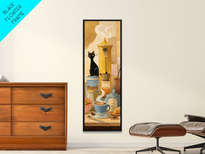 Black Cat Beside a Steaming Cup Framed Canvas Print, Coffee Shop Art, Fine Art Print, Cafe Decor, Fine Art, Cafe, Printable, CSA-1x3-50