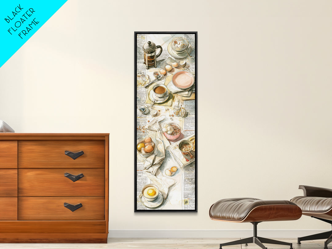 French Press and Morning Newspaper Without Readable Framed Canvas Print, Coffee Shop Art, Modern Decor, Cafe Decor, Cafe, CSA-1x3-70