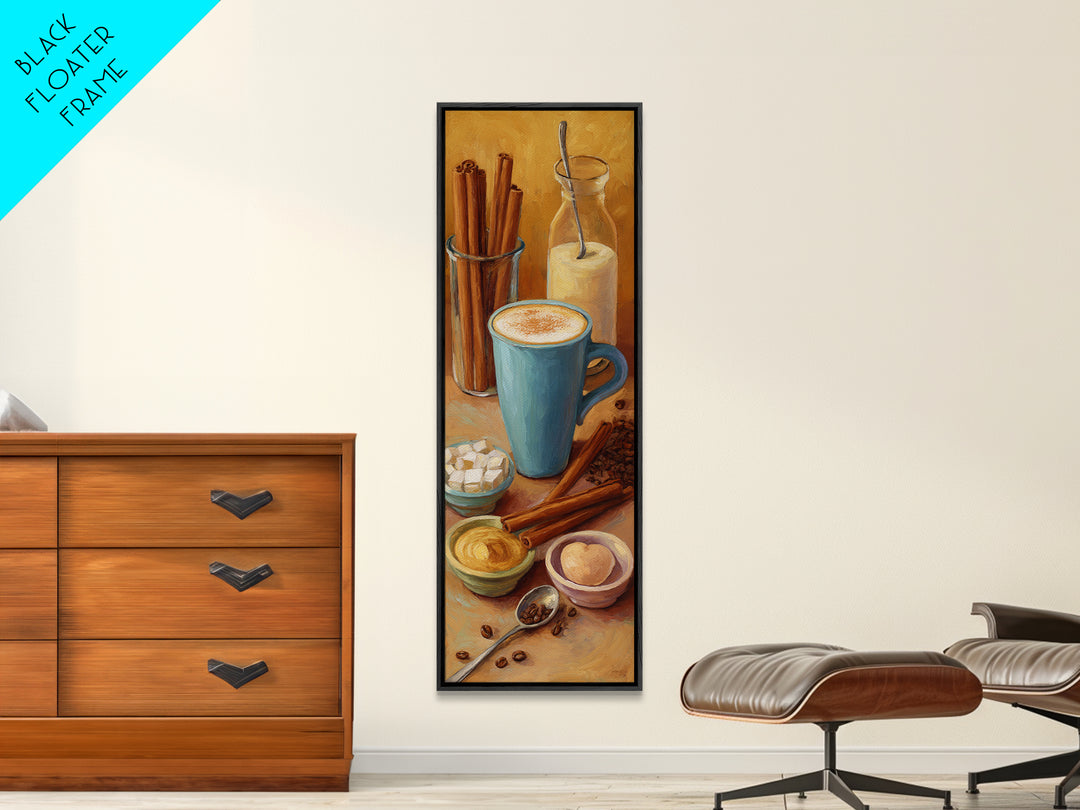 Cinnamon Sticks and Cappuccino Foam Still Life Framed Canvas Print, Coffee Shop Art, Dopamine Decor, Cafe Decor, Fine Art, Cafe, CSA-1x3-84