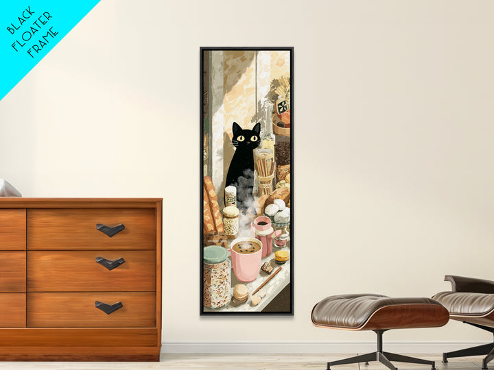 Black Cat Beside a Steaming Cup Canvas Print, Coffee Shop Art, Textured Painting, Cafe Decor, Fine Art, Cafe, Kitchen Decor, CSA-1x3-98