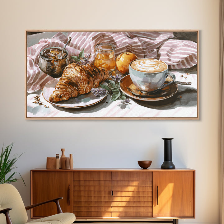 Croissant and Cappuccino on Striped Cloth Framed Canvas Print, Coffee Shop Art, Canvas Wall Art, Cafe Decor, Fine Art, Cafe, CSA-2x1-1