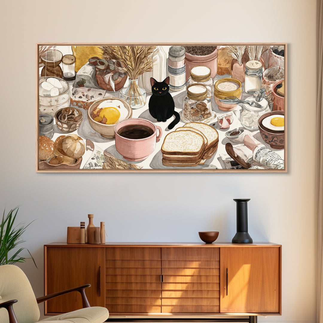 Black Cat Beside a Steaming Cup Framed Canvas Print, Coffee Shop Art, Contemporary Art, Cafe Decor, Cafe, Printable Art, CSA-2x1-10