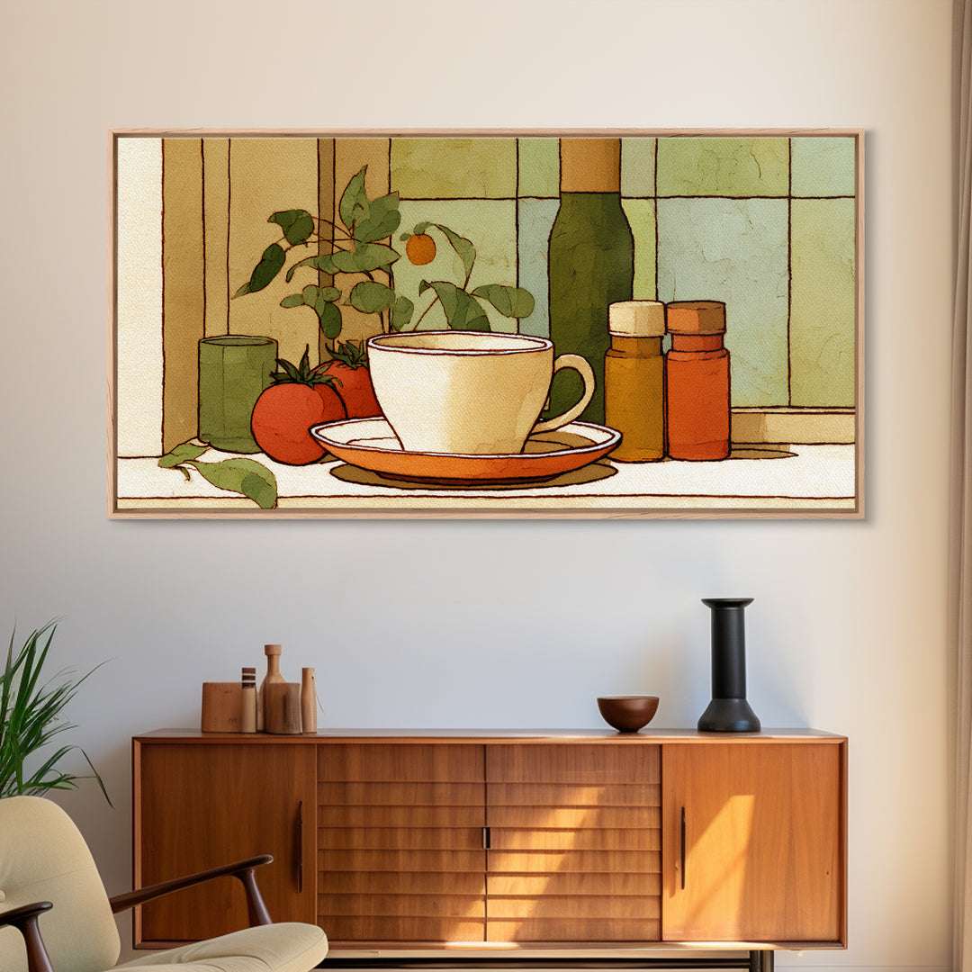 Minimal Line Art of a Cup and Framed Canvas Print, Coffee Shop Art, Luxury Decor, Cafe Decor, Abstract Art, Cafe, CSA-2x1-14