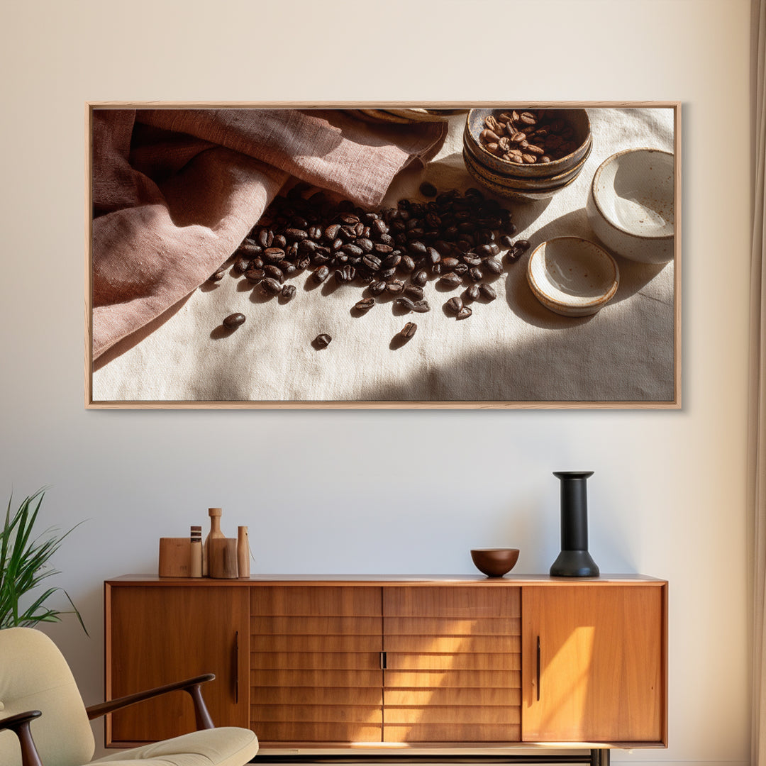 Roasted Beans Falling Through Dark Space Framed Canvas Print, Coffee Shop Art, Fine Art Print, Cafe Decor, Fine Art, Cafe, CSA-2x1-16