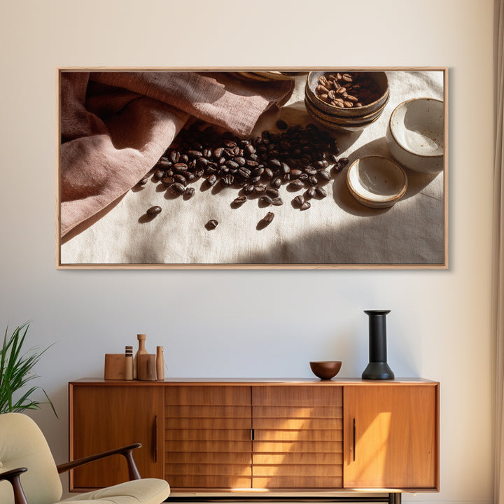 Roasted Beans Falling Through Dark Space Framed Canvas Print, Coffee Shop Art, Fine Art Print, Cafe Decor, Fine Art, Cafe, CSA-2x1-16