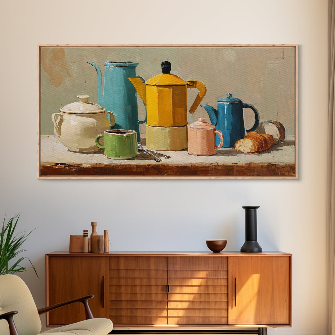 Mid Century Coffee Pot Framed Canvas Print, Coffee Shop Art, Room Decor, Cafe Decor, Fine Art, Cafe, Canvas Wall Art, CSA-2x1-18