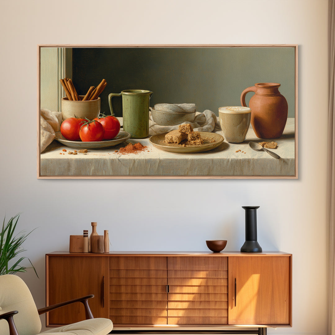 Cinnamon Sticks and Cappuccino Foam Still Life Framed Canvas Print, Coffee Shop Art, Statement Artwork, Cafe Decor, Cafe, CSA-2x1-20