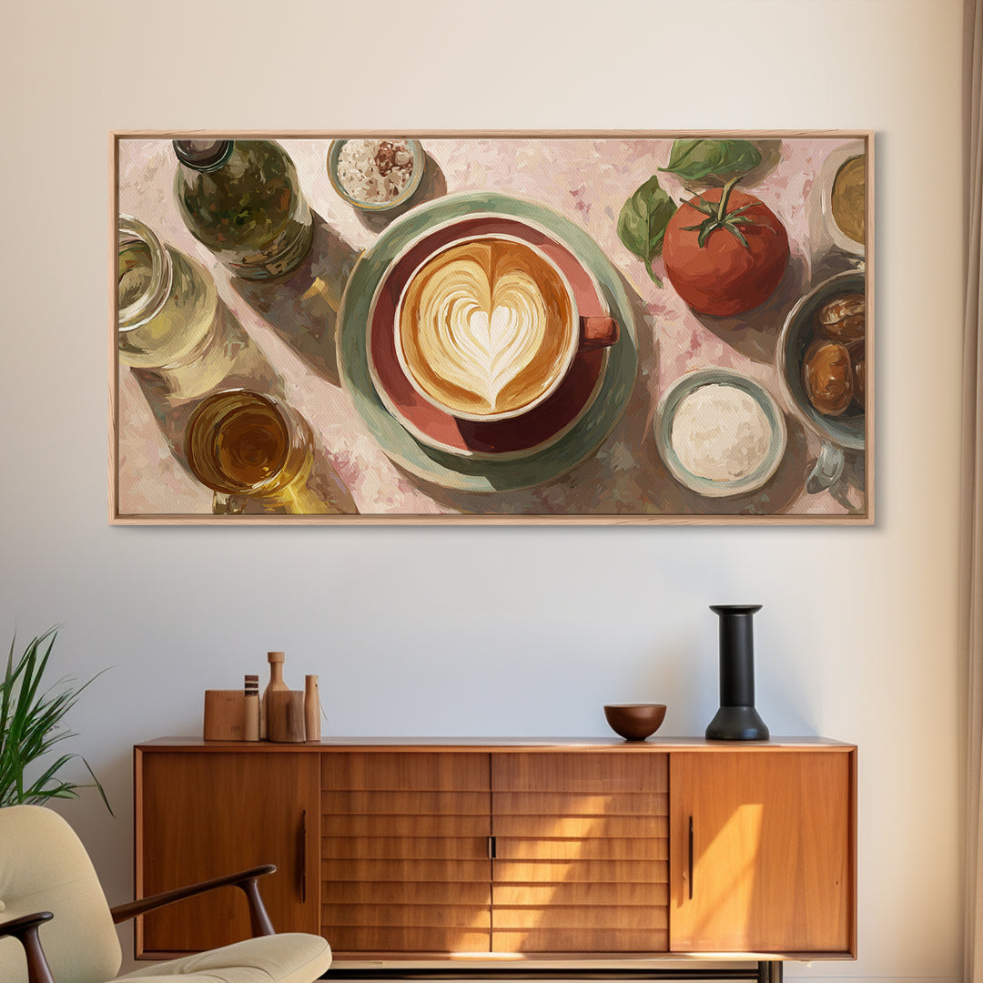 Latte Art Heart Seen from Above Framed Canvas Print, Coffee Shop Art, Minimalist Decor, Cafe Decor, Cafe, Kitchen Wall Art, CSA-2x1-24
