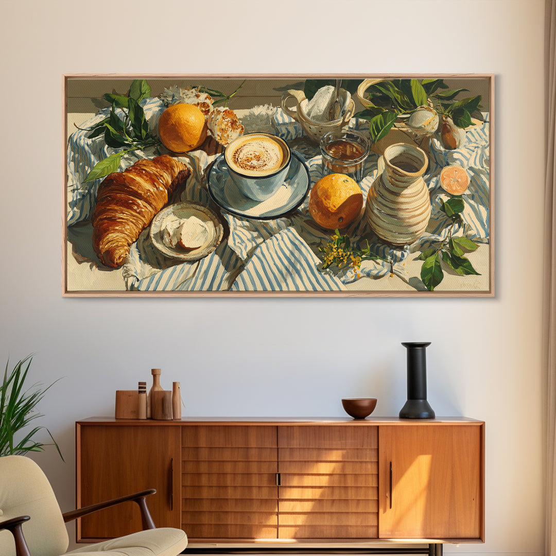 Croissant and Cappuccino on Striped Cloth Framed Canvas Print, Coffee Shop Art, Canvas Wall Art, Cafe Decor, Fine Art, Cafe, CSA-2x1-25