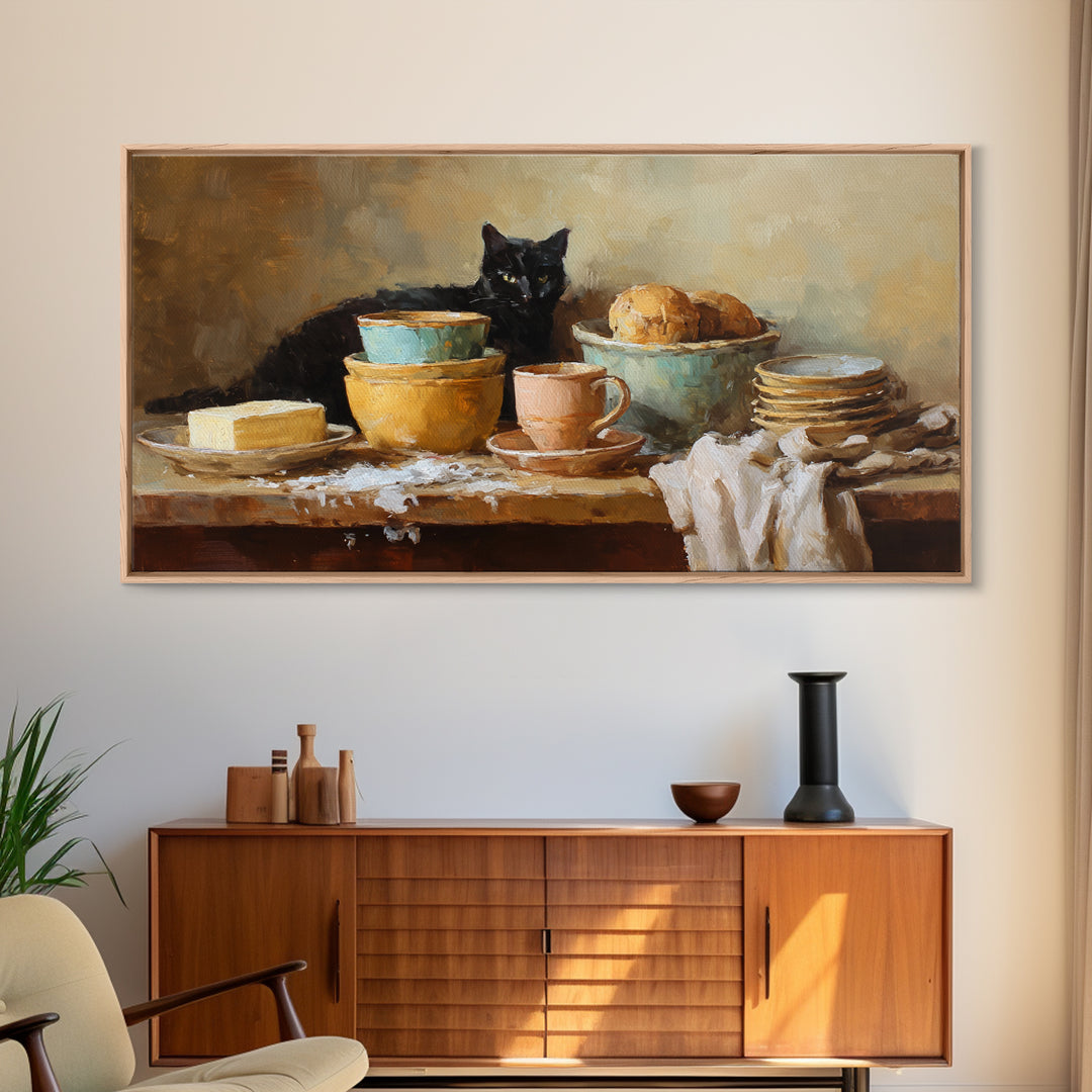 Black Cat Beside a Steaming Cup Framed Canvas Print, Coffee Shop Art, Contemporary Art, Cafe Decor, Cafe, Printable Art, CSA-2x1-34