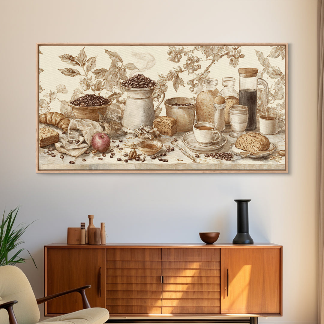 Coffee Bean Pattern Framed Canvas Print, Coffee Shop Art, Wall Art, Cafe Decor, Oil Painting, Cafe, Farmhouse Decor, CSA-2x1-35