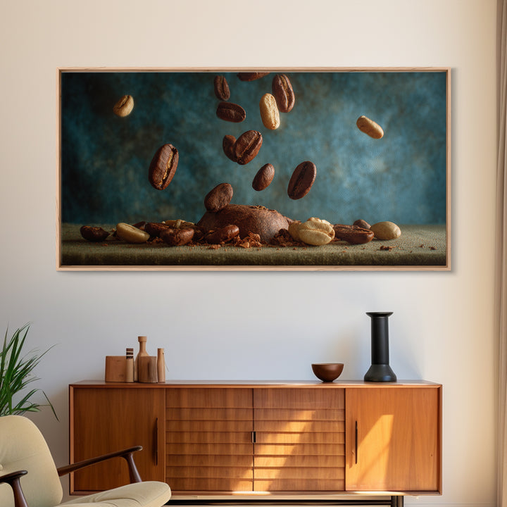 Roasted Beans Falling Through Dark Space Framed Canvas Print, Coffee Shop Art, Wall Decor, Cafe Decor, Fine Art, Cafe, CSA-2x1-40