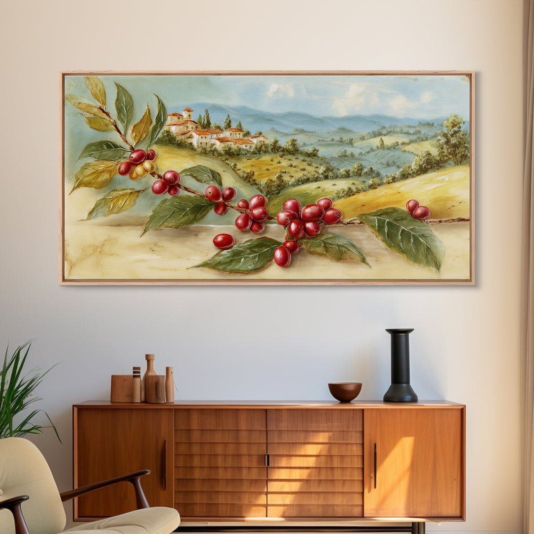 Coffee Farm Landscape Framed Canvas Print, Coffee Shop Art, Canvas Wall Art, Cafe Decor, Oil Painting, Cafe, Bedroom Wall Art, CSA-2x1-43