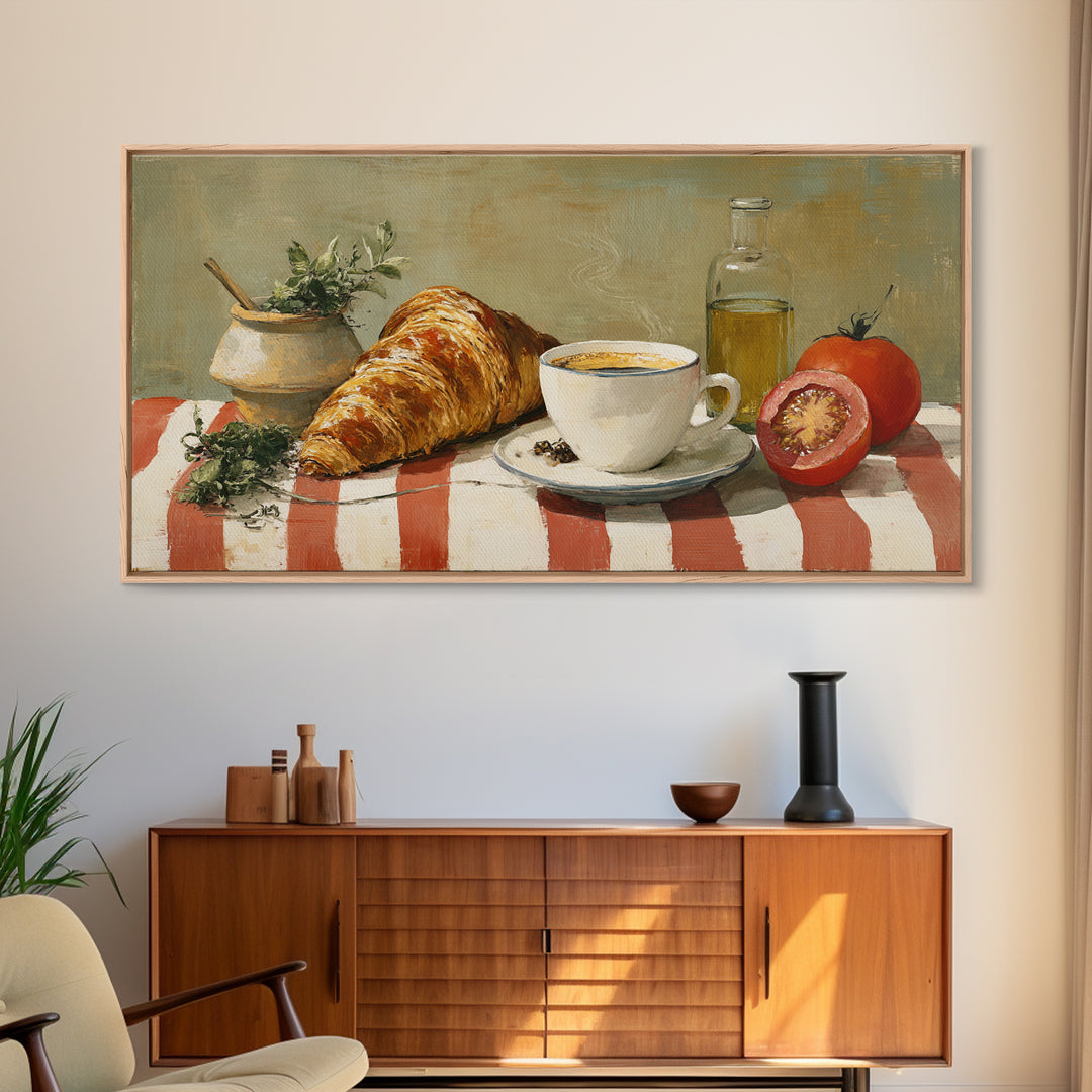 Croissant and Cappuccino on Striped Cloth Canvas Print, Coffee Shop Art, Kitchen Art, Cafe Decor, Cafe, Minimalist Wall Art, CSA-2x1-49