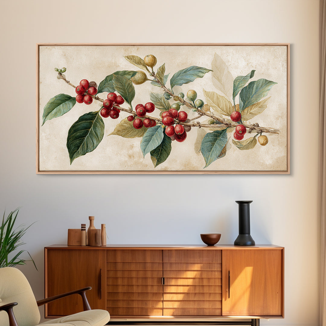 Botanical Coffee Plant Branch Framed Canvas Print, Coffee Shop Art, Coffee, Cafe Decor, Oil Painting, Cafe, Living Room Decor, CSA-2x1-50