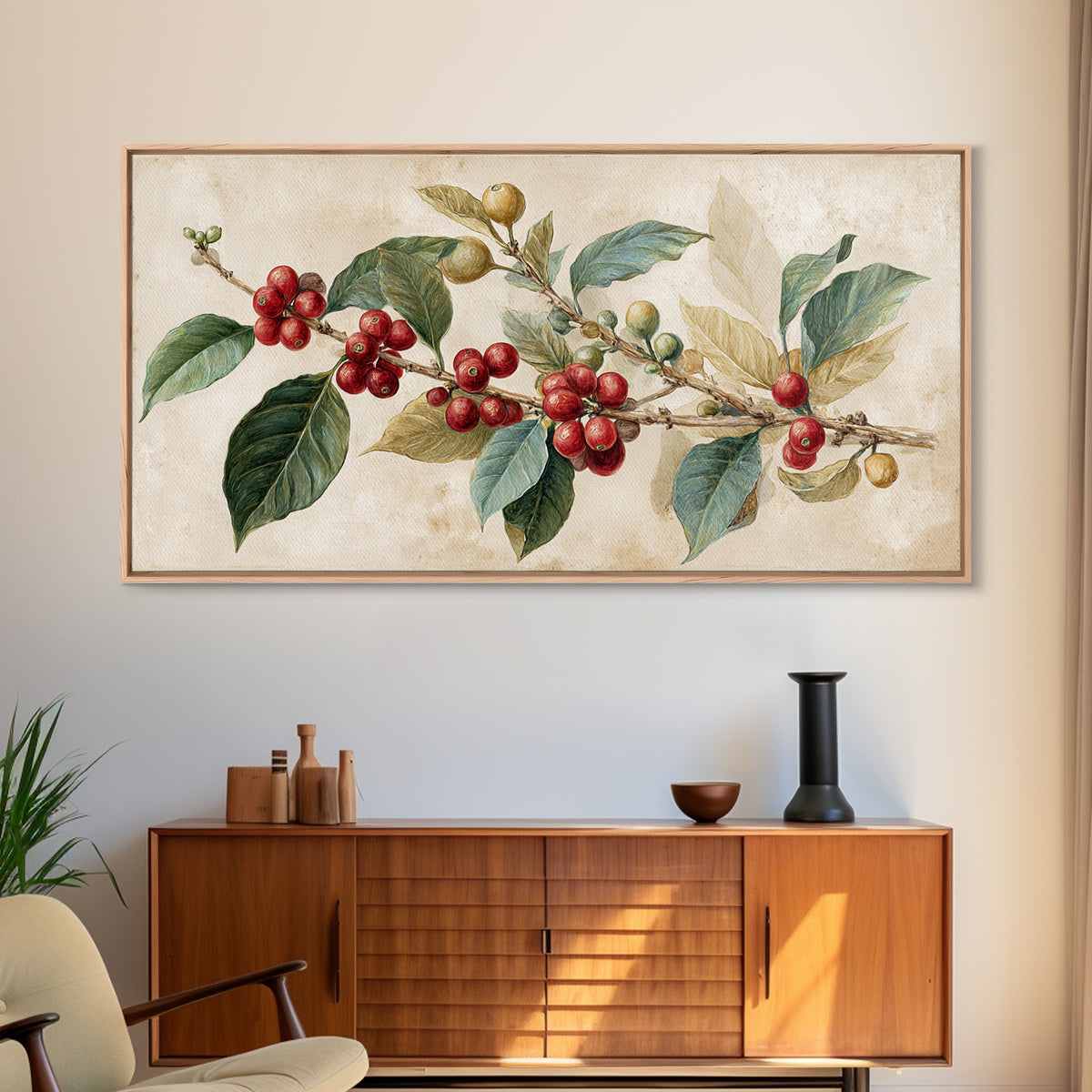 Botanical Coffee Plant Branch Framed Canvas Print, Coffee Shop Art, Coffee, Cafe Decor, Oil Painting, Cafe, Living Room Decor, CSA-2x1-50