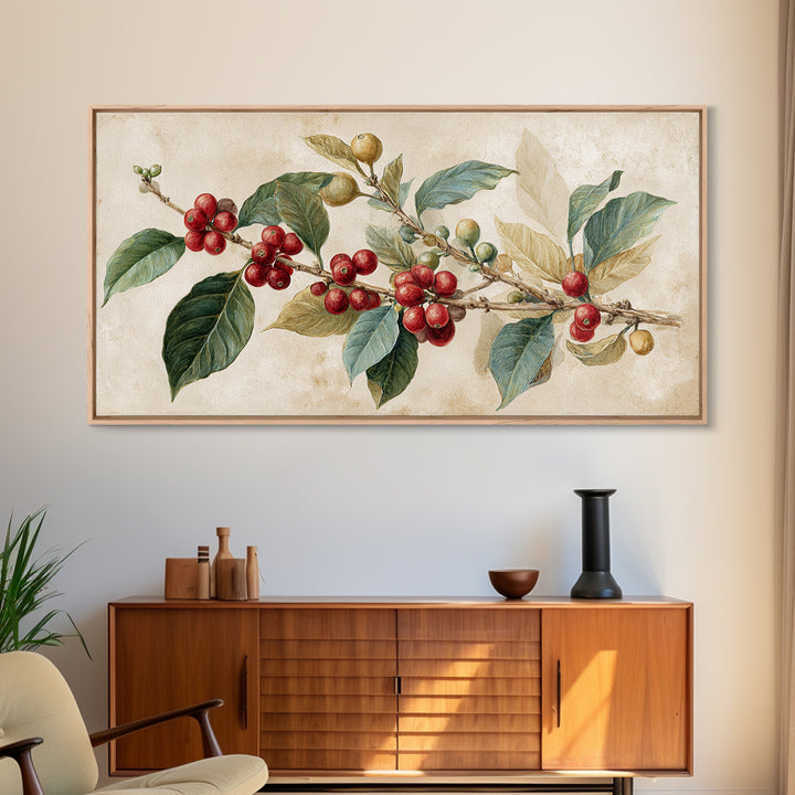 Botanical Coffee Plant Branch Framed Canvas Print, Coffee Shop Art, Coffee, Cafe Decor, Oil Painting, Cafe, Living Room Decor, CSA-2x1-50