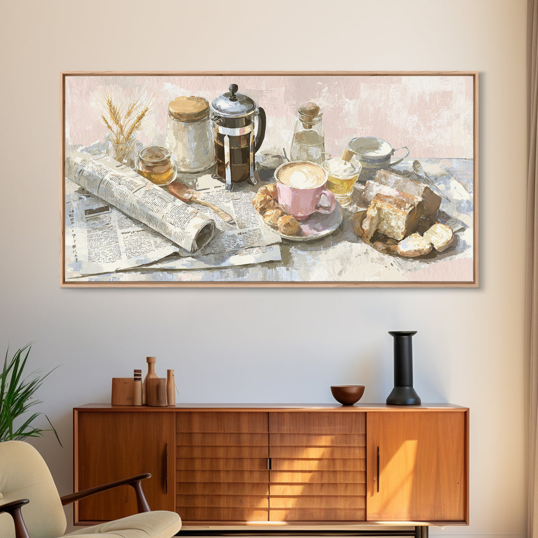 French Press and Morning Newspaper Without Readable Canvas Print, Coffee Shop Art, Art Print, Cafe Decor, Fine Art, Cafe, CSA-2x1-54