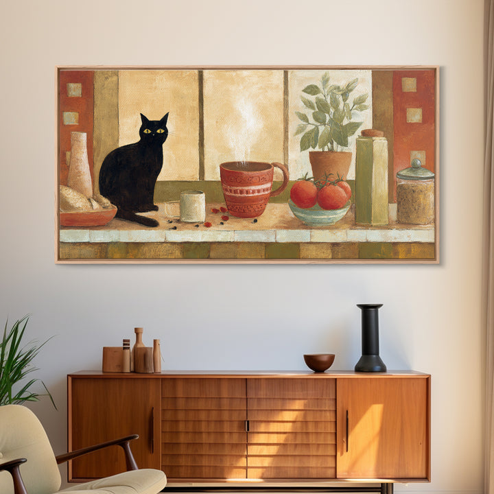Black Cat Beside a Steaming Cup Canvas Print, Coffee Shop Art, Printable, Cafe Decor, Fine Art, Cafe, Dopamine Decor, CSA-2x1-58
