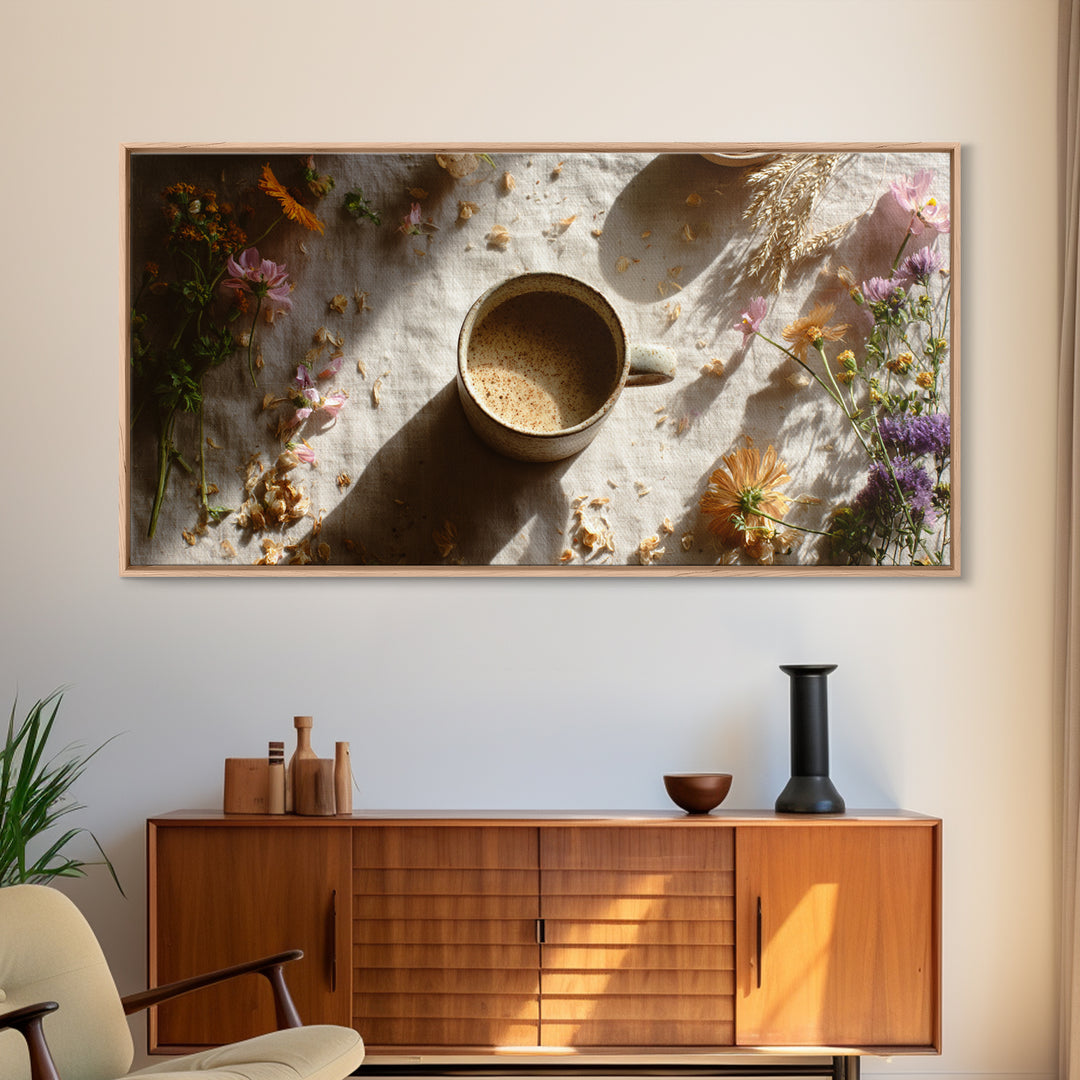 Ceramic Mug with Wildflowers Around It Framed Canvas Print, Coffee Shop Art, Digital Wall Art, Cafe Decor, Fine Art, Cafe, CSA-2x1-60
