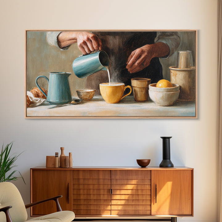 Barista Hands Pouring Milk into Espresso Framed Canvas Print, Coffee Shop Art, Printable Art, Cafe Decor, Abstract Art, Cafe, CSA-2x1-65
