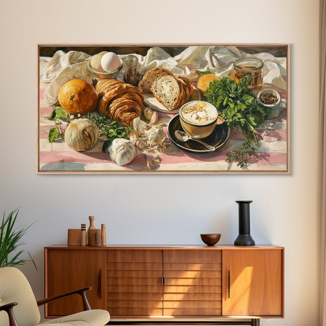 Croissant and Cappuccino on Striped Cloth Canvas Print, Coffee Shop Art, Kitchen Art, Cafe Decor, Cafe, Minimalist Wall Art, CSA-2x1-73