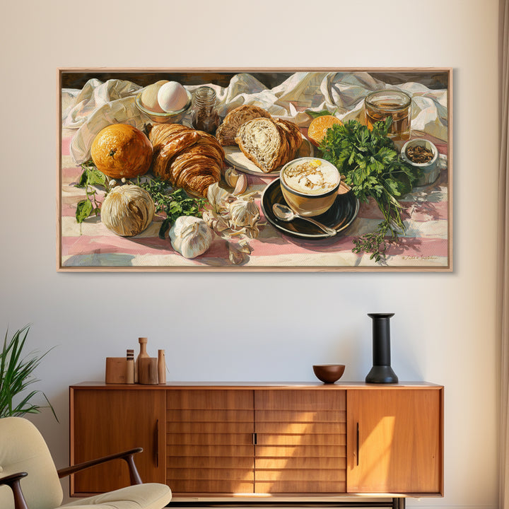Croissant and Cappuccino on Striped Cloth Canvas Print, Coffee Shop Art, Kitchen Art, Cafe Decor, Cafe, Minimalist Wall Art, CSA-2x1-73