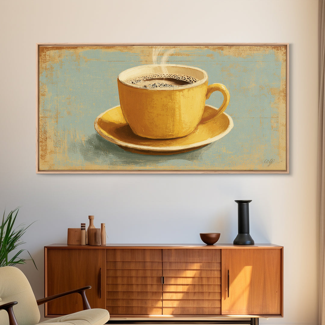Retro Cafe Poster Coffee Cup Graphic Framed Canvas Print, Coffee Shop Art, Room Decor, Cafe Decor, Cafe, Canvas Wall Art, CSA-2x1-75