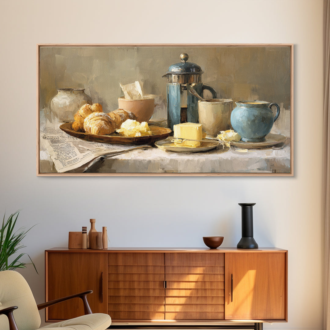 French Press and Morning Newspaper Without Readable Canvas Print, Coffee Shop Art, Art Print, Cafe Decor, Fine Art, Cafe, CSA-2x1-78