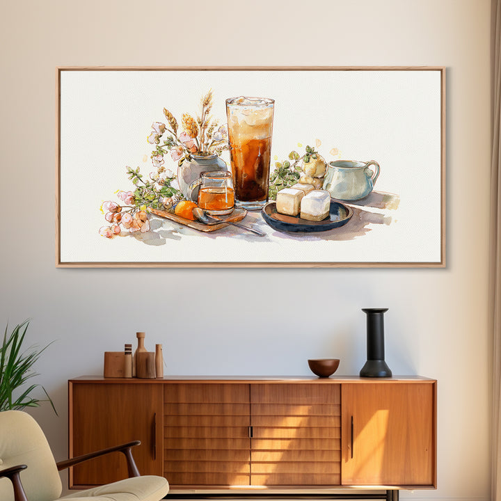 Iced Coffee Glass Framed Canvas Print, Coffee Shop Art, Food Art, Cafe Decor, Fine Art, Cafe, Minimalist Decor, CSA-2x1-79