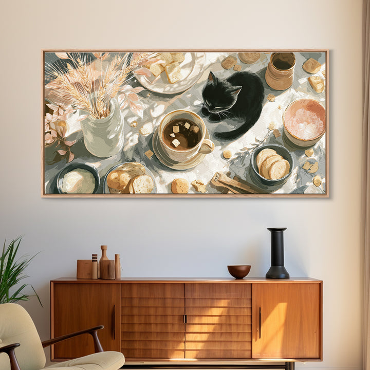 Black Cat Beside a Steaming Cup Canvas Print, Coffee Shop Art, Printable, Cafe Decor, Fine Art, Cafe, Dopamine Decor, CSA-2x1-82