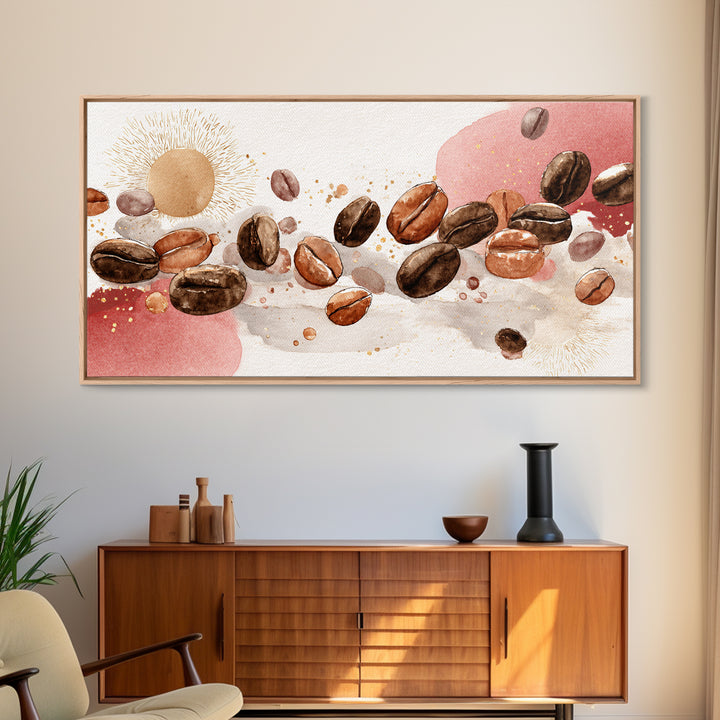 Roasted Beans Falling Through Dark Space Framed Canvas Print, Coffee Shop Art, Kitchen Art, Cafe Decor, Fine Art, Cafe, CSA-2x1-88
