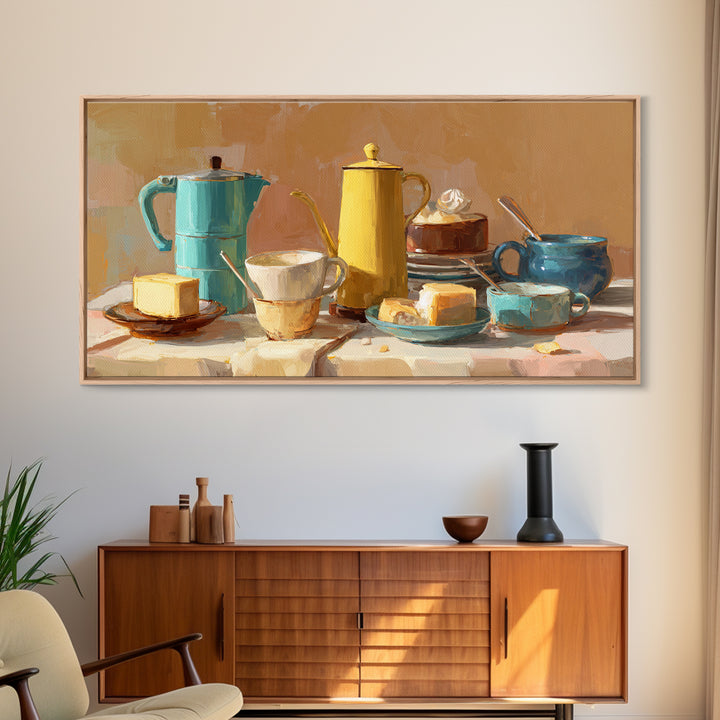 Mid Century Coffee Pot Framed Canvas Print, Coffee Shop Art, Digital Wall Art, Cafe Decor, Oil Painting, Cafe, Bedroom Wall Art, CSA-2x1-90