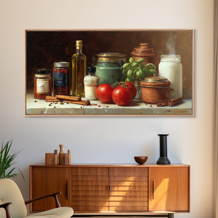 Cinnamon Sticks and Cappuccino Foam Still Life Framed Canvas Print, Coffee Shop Art, Kitchen Gift, Cafe Decor, Oil Painting, CSA-2x1-92