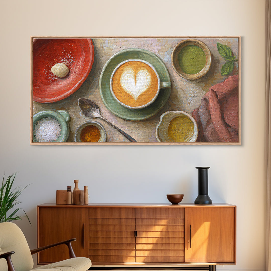 Latte Art Heart Seen from Above Framed Canvas Print, Coffee Shop Art, Kitchen Wall Decor, Cafe Decor, Oil Painting, Cafe, CSA-2x1-96