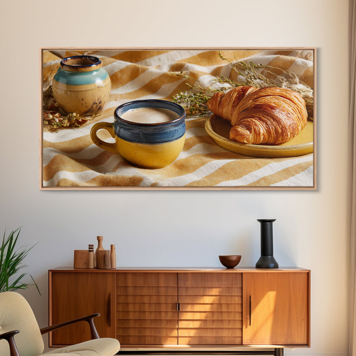 Croissant and Cappuccino on Striped Cloth Framed Canvas Print, Coffee Shop Art, Canvas Print, Cafe Decor, Fine Art, Cafe, CSA-2x1-97