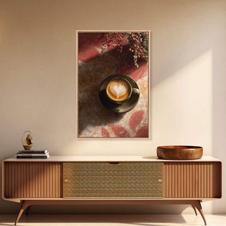 Latte Art Heart Seen from Above Framed Canvas Print, Coffee Shop Art, Digital Wall Art, Cafe Decor, Oil Painting, Cafe, CSA-2x3-12