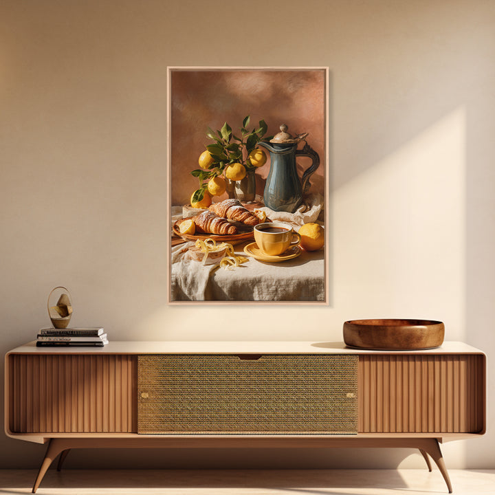 Sunlit Pastry and Coffee Arrangement Framed Canvas Print, Coffee Shop Art, Room Decor, Cafe Decor, Cafe, Canvas Wall Art, CSA-2x3-3
