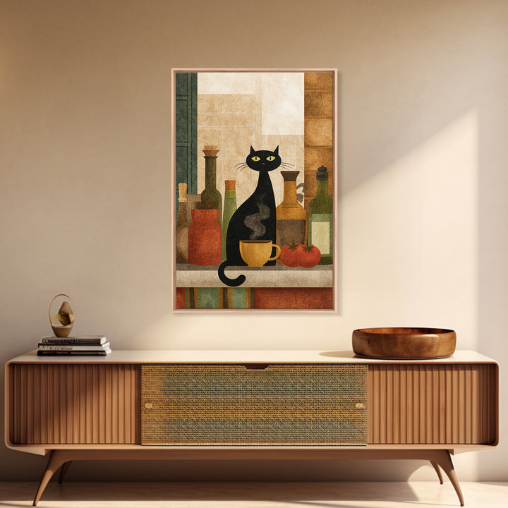 Black Cat Beside a Steaming Cup Framed Canvas Print, Coffee Shop Art, Wall Decor, Cafe Decor, Fine Art, Cafe, Kitchen Gift, CSA-2x3-46
