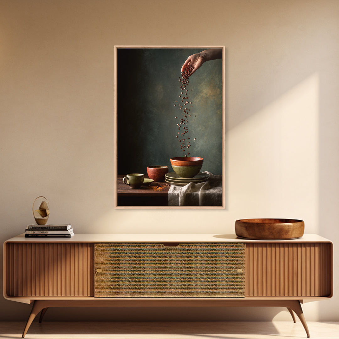 Roasted Beans Falling Through Dark Space Framed Canvas Print, Coffee Shop Art, Wall Decor, Cafe Decor, Fine Art, Cafe, CSA-2x3-52