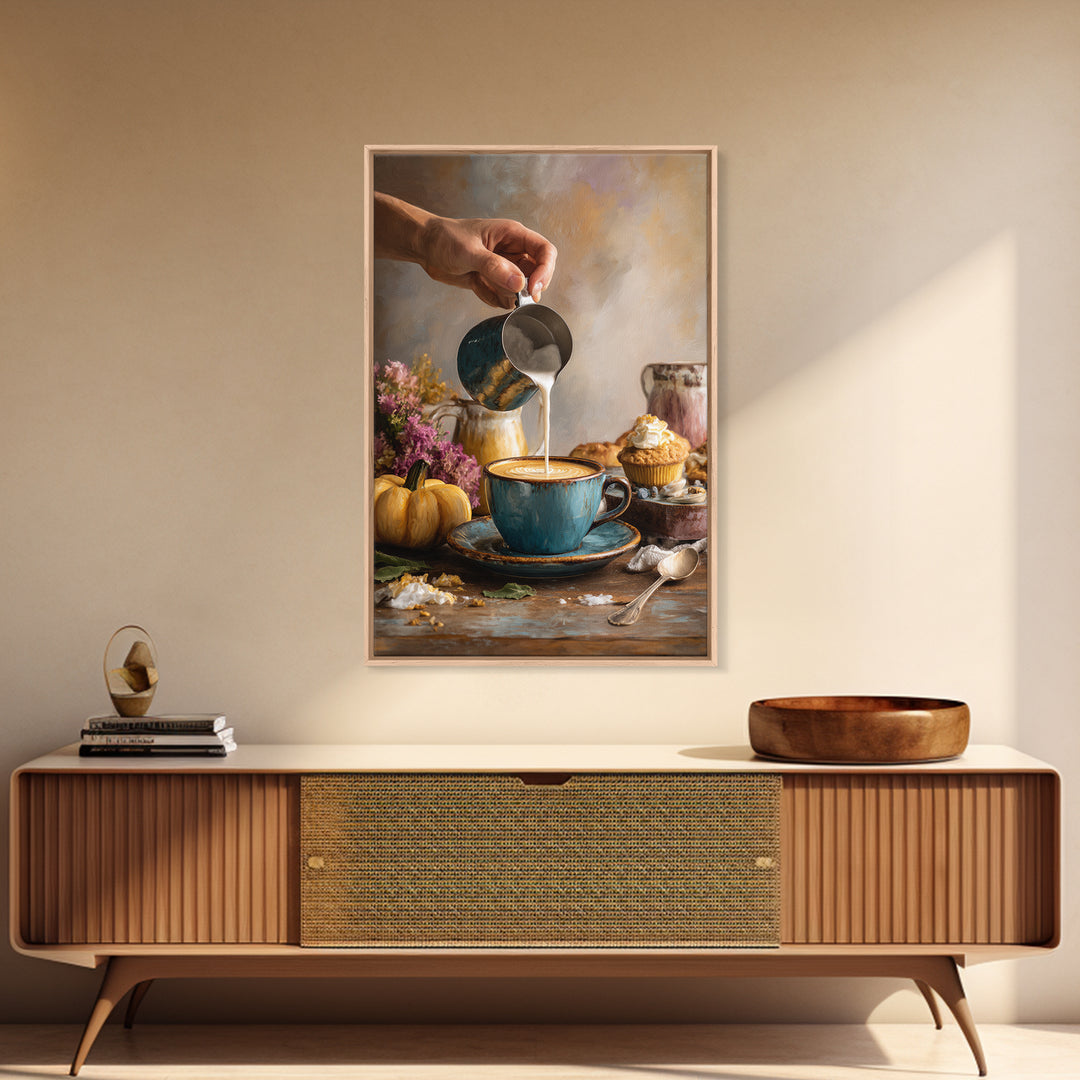 Barista Hands Pouring Milk into Espresso Framed Canvas Print, Coffee Shop Art, Kitchen Gift, Cafe Decor, Oil Painting, Cafe, CSA-2x3-53