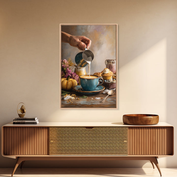 Barista Hands Pouring Milk into Espresso Framed Canvas Print, Coffee Shop Art, Kitchen Gift, Cafe Decor, Oil Painting, Cafe, CSA-2x3-53