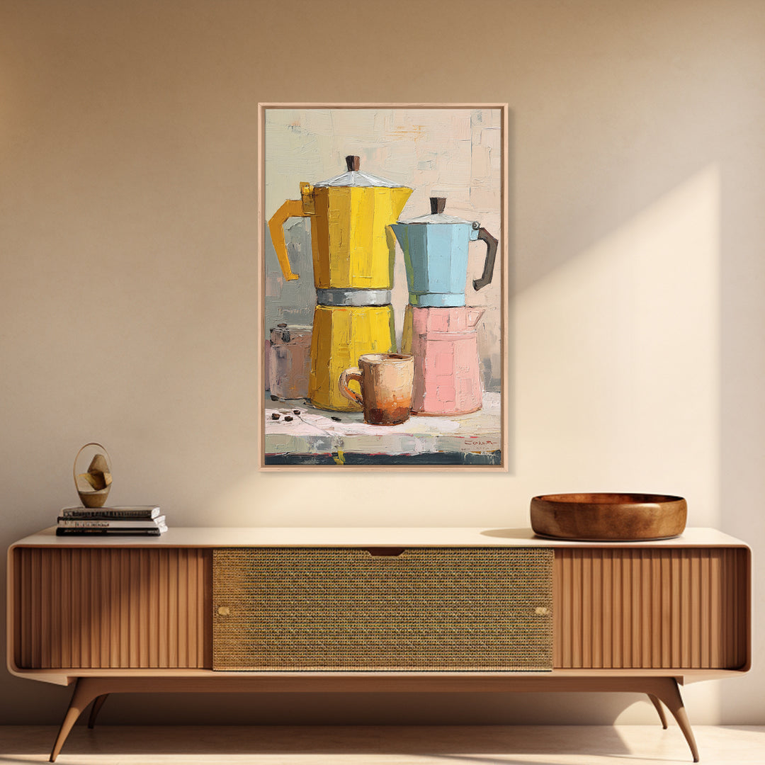 Mid Century Coffee Pot Framed Canvas Print, Coffee Shop Art, Minimalist Decor, Cafe Decor, Fine Art, Cafe, Kitchen Wall Art, CSA-2x3-6
