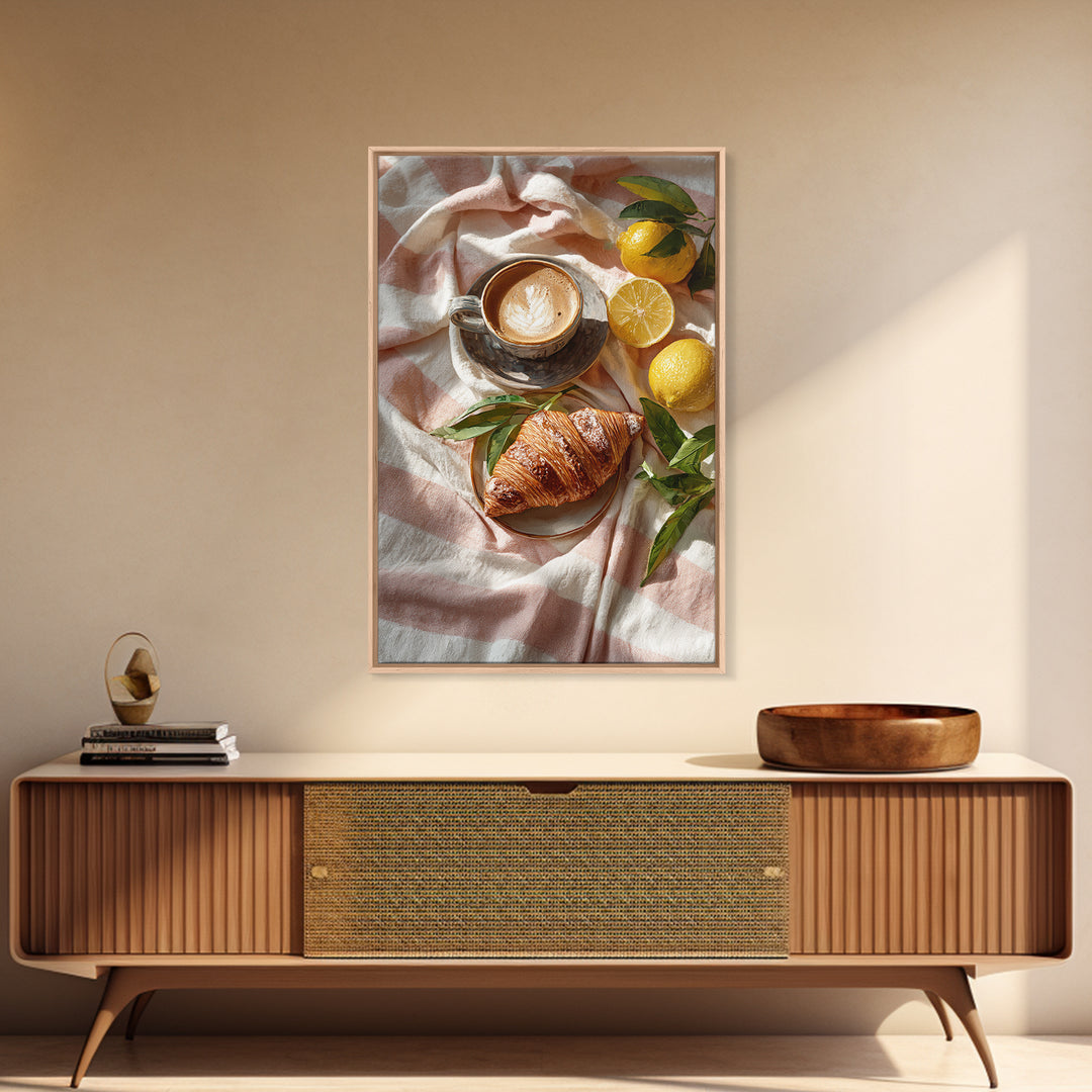 Croissant and Cappuccino on Striped Cloth Canvas Print, Coffee Shop Art, Dark Academia Decor, Cafe Decor, Fine Art, Cafe, CSA-2x3-61