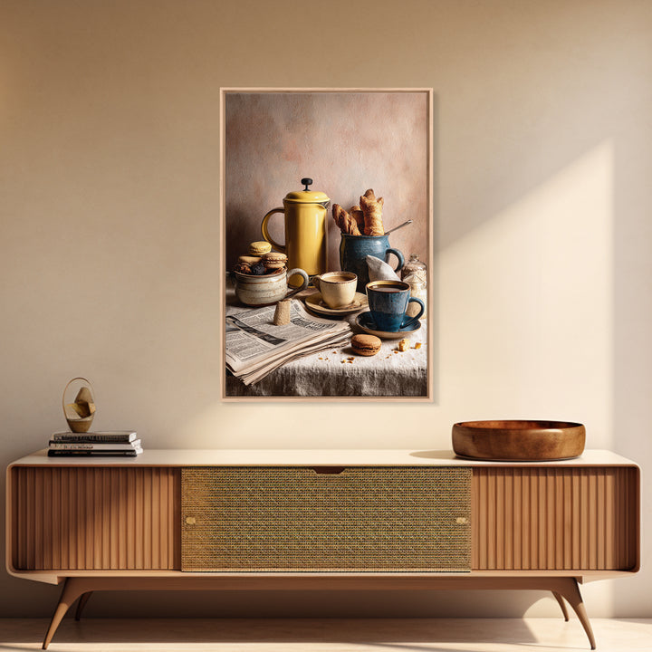 French Press and Morning Newspaper Without Readable Canvas Print, Coffee Shop Art, Digital Wall Art, Cafe Decor, Oil Painting, CSA-2x3-66