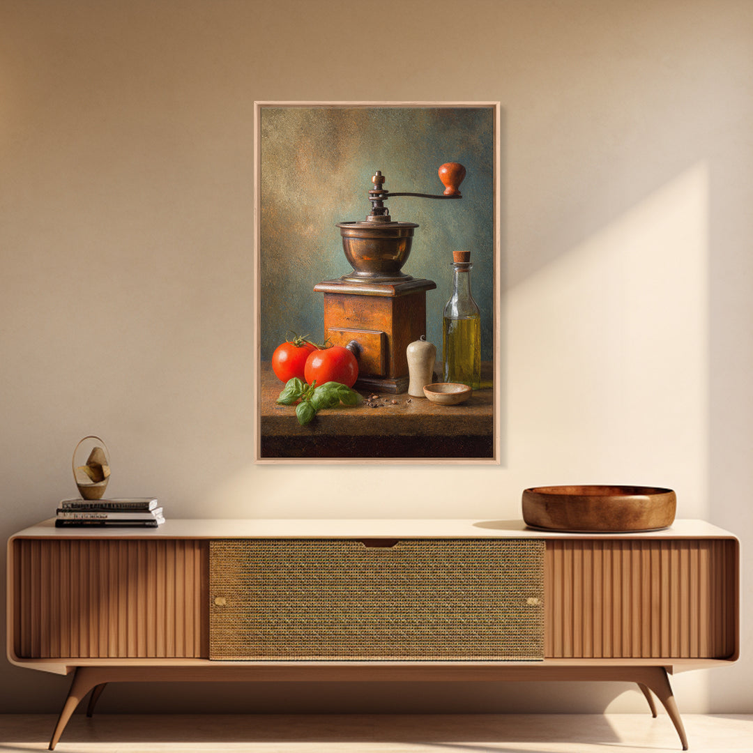 Coffee Grinder Antique Still Life Framed Canvas Print, Coffee Shop Art, Dopamine Decor, Cafe Decor, Cafe, Coffee Wall Art, CSA-2x3-68