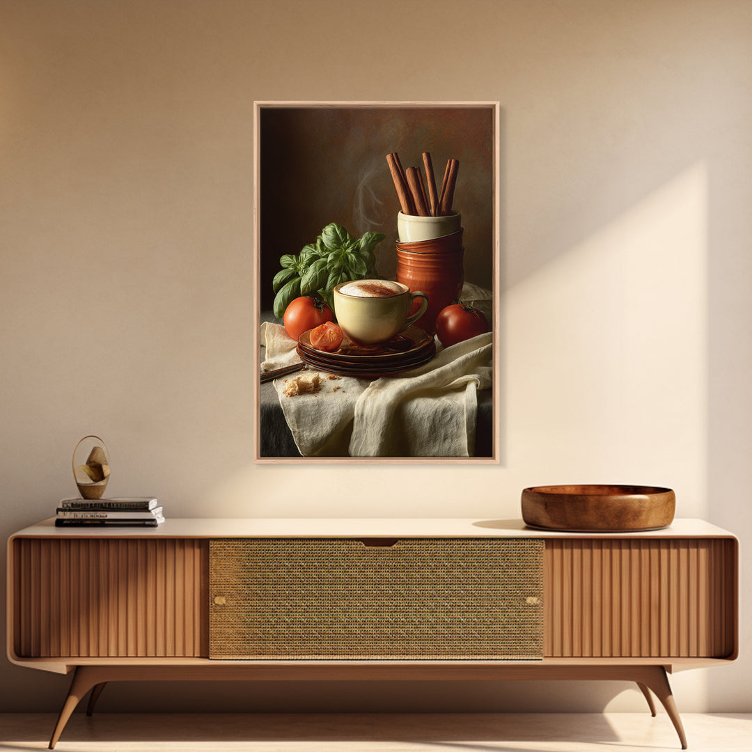 Cinnamon Sticks and Cappuccino Foam Still Life Framed Canvas Print, Coffee Shop Art, Whimsical Art, Cafe Decor, Oil Painting, CSA-2x3-8