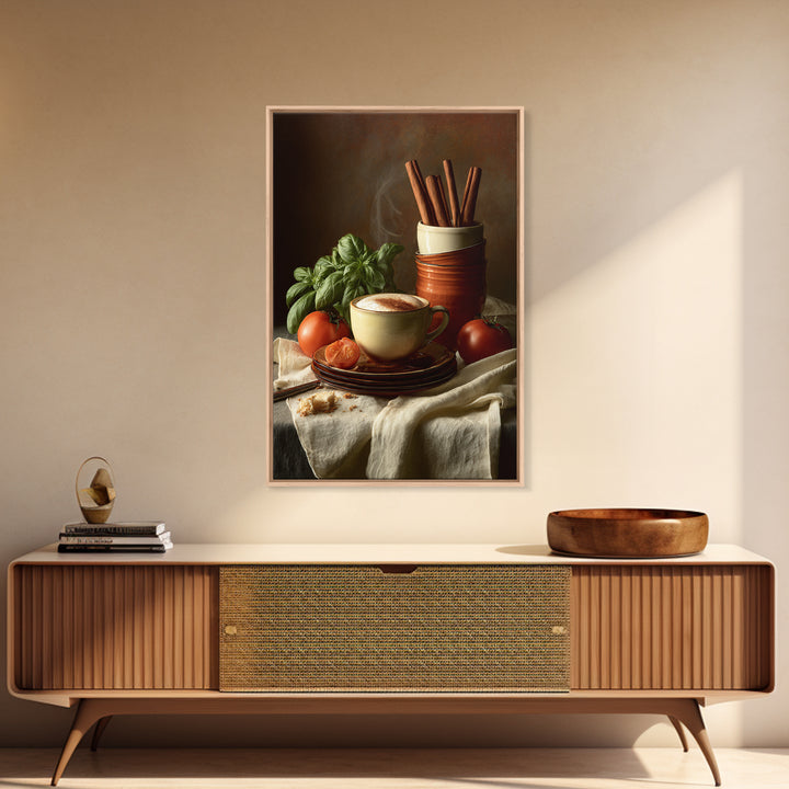 Cinnamon Sticks and Cappuccino Foam Still Life Framed Canvas Print, Coffee Shop Art, Whimsical Art, Cafe Decor, Oil Painting, CSA-2x3-8