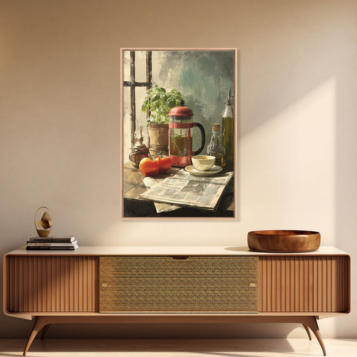 French Press and Morning Newspaper Without Readable Framed Canvas Print, Coffee Shop Art, Farmhouse Decor, Cafe Decor, Cafe, CSA-2x3-90